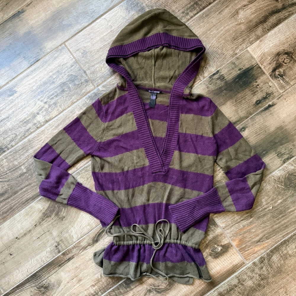 Lucky Brand Womens Y2K Grunge Cashmere Striped Hooded Sweater,Purple Green,S
